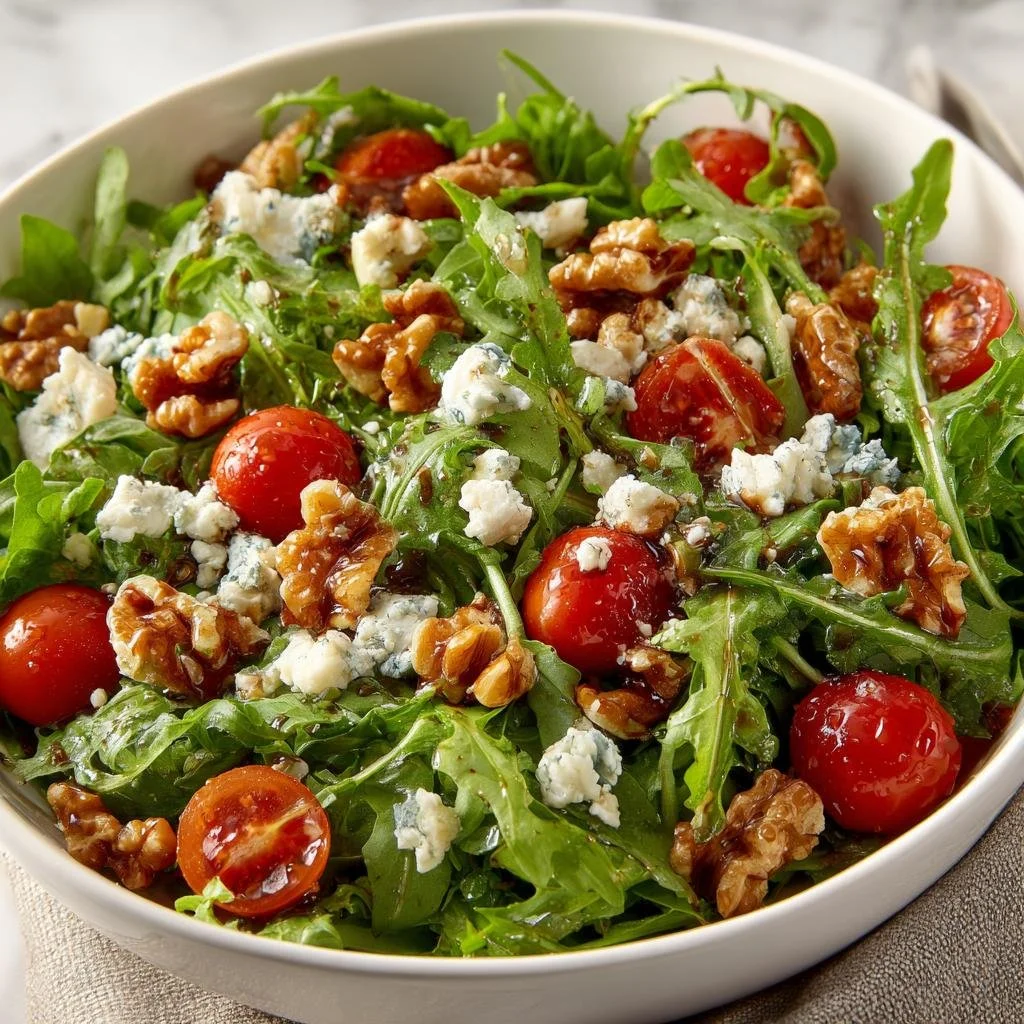 Fresh Arugula Blue Cheese Salad with walnuts and balsamic dressing