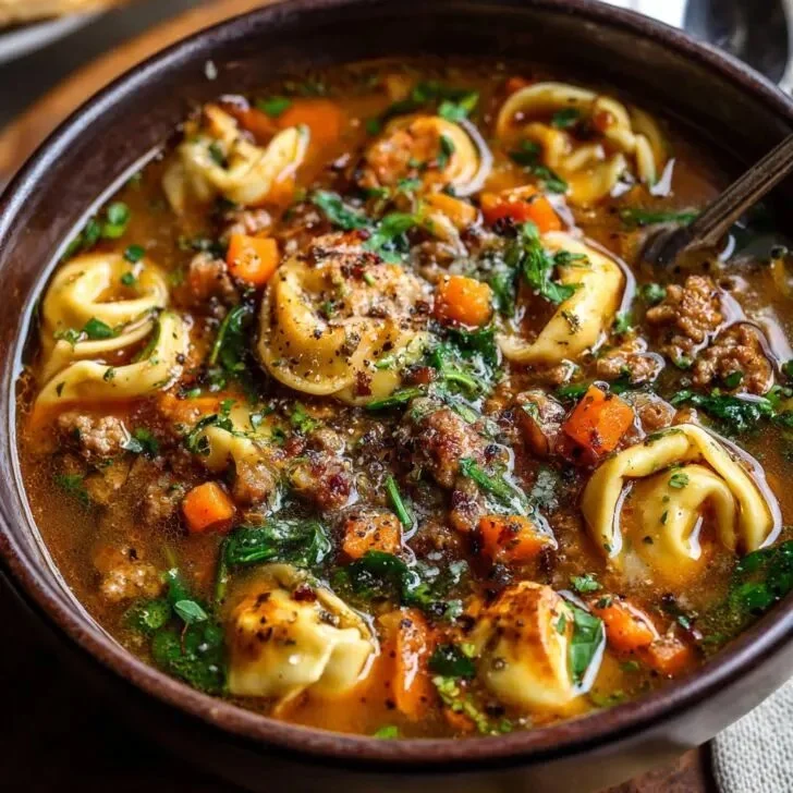 Bowl of Autumn Tortellini Soup with Sausage featuring fresh herbs and vegetables.