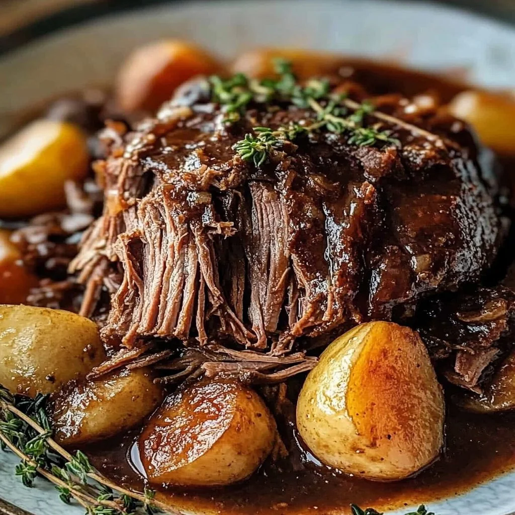 Delicious pot roast cooking in a crock pot with vegetables and herbs.