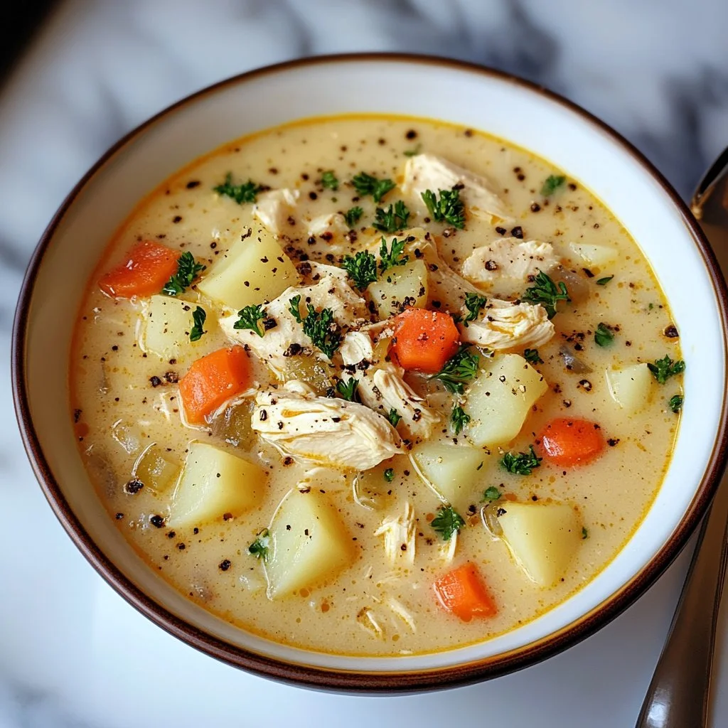 Bowl of chicken potato soup with vegetables and herbs garnished on top