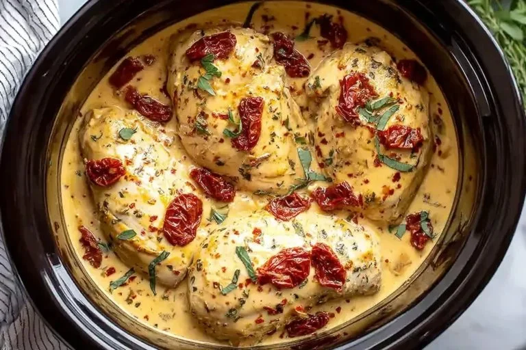 Slow cooker Marry Me Chicken with creamy sauce and herbs in a crockpot