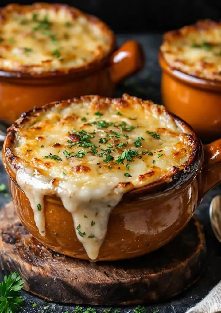 Bowl of easy French onion soup topped with melted cheese and herbs.