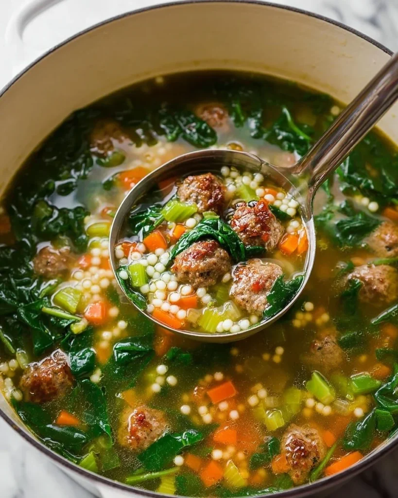 A bowl of delicious Italian Wedding Soup with greens and meatballs