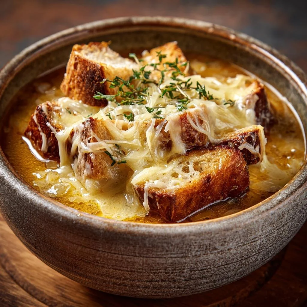 Delicious onion soup topped with croutons and melted cheese served in a bowl
