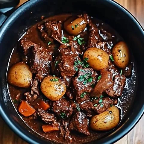 Delicious slow cooker beef bourguignon with tender beef and rich sauce