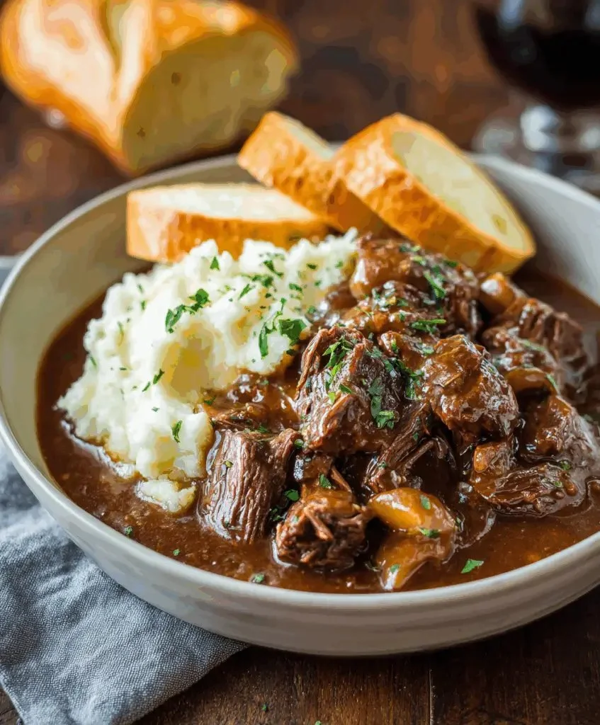 Slow Cooker Beef Manhattan dish with tender beef and savory gravy