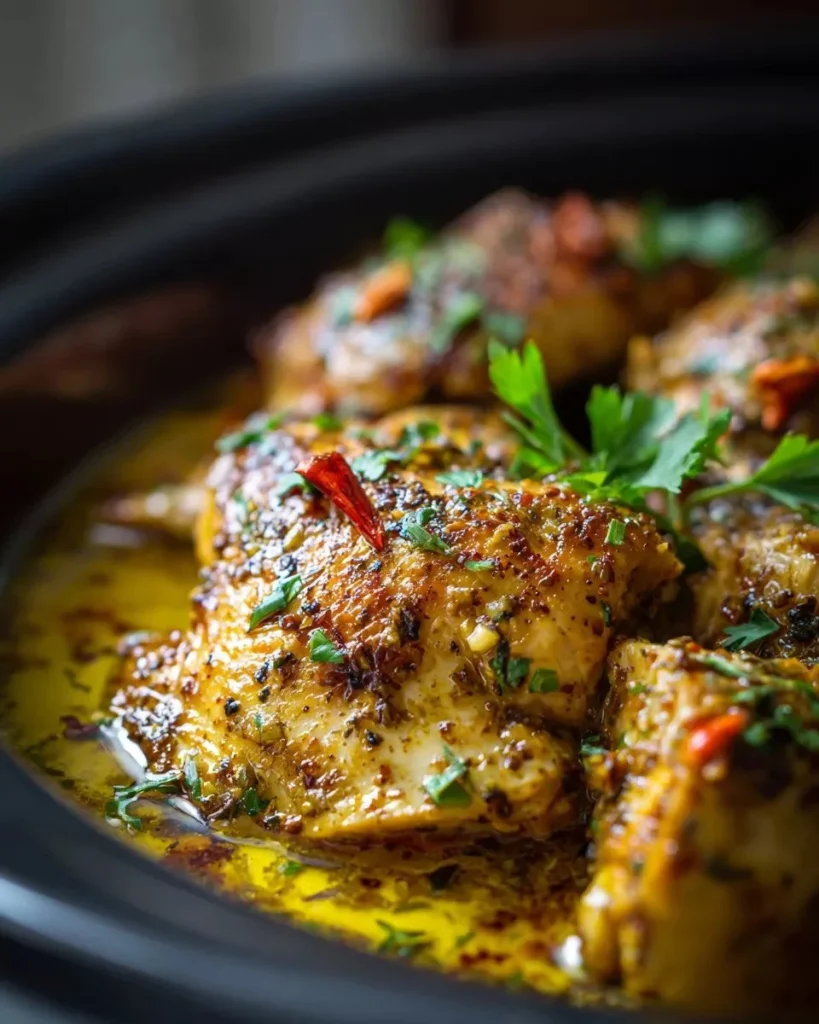 Slow cooker garlic butter chicken served with herbs and spices