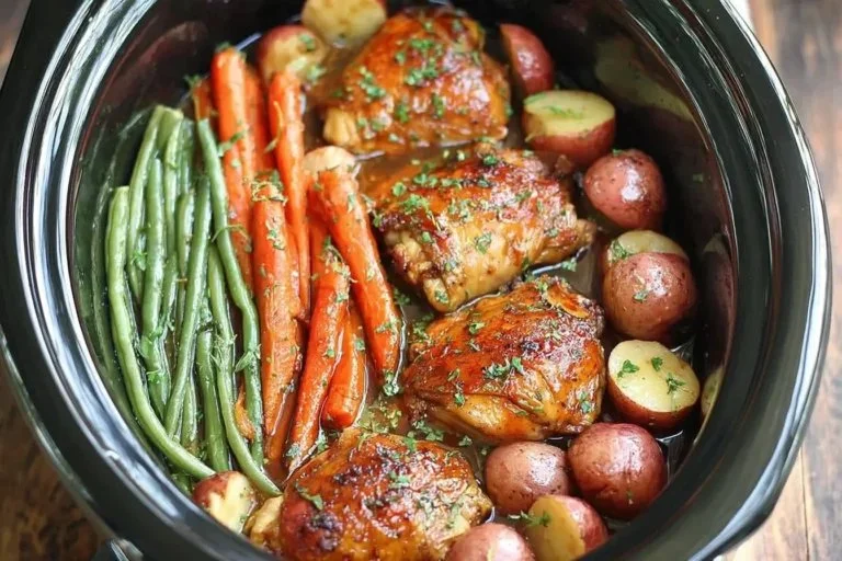 Slow cooker honey garlic chicken served with assorted vegetables