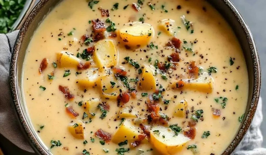 A bowl of creamy potato soup topped with herbs, perfect for comforting meals.