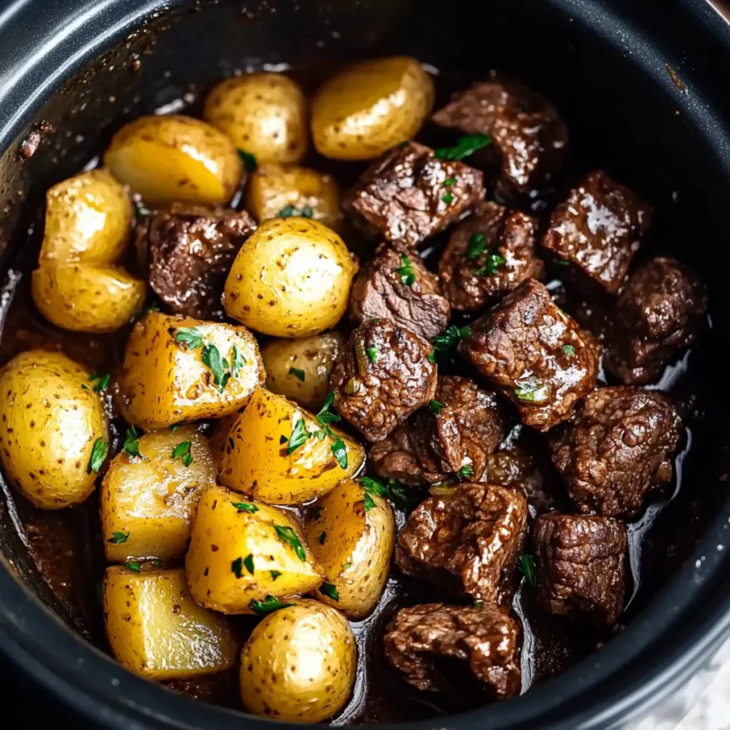 Slow Cooker Garlic Butter Beef Bites with Potatoes