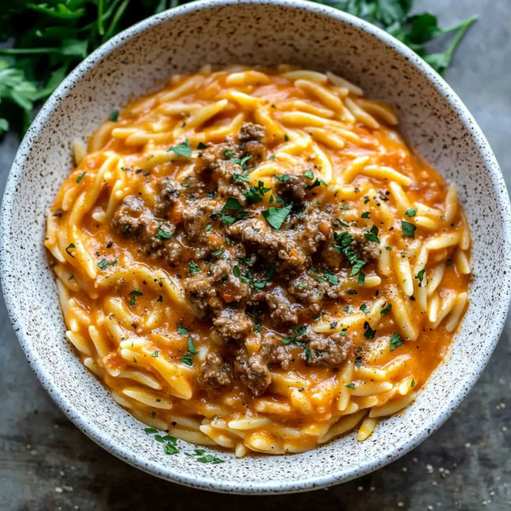 Beef Orzo Recipe with a Tomato Cream Sauce