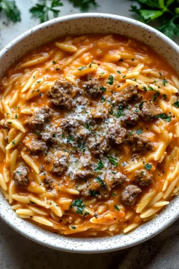 Beef Orzo Recipe with a Tomato Cream Sauce