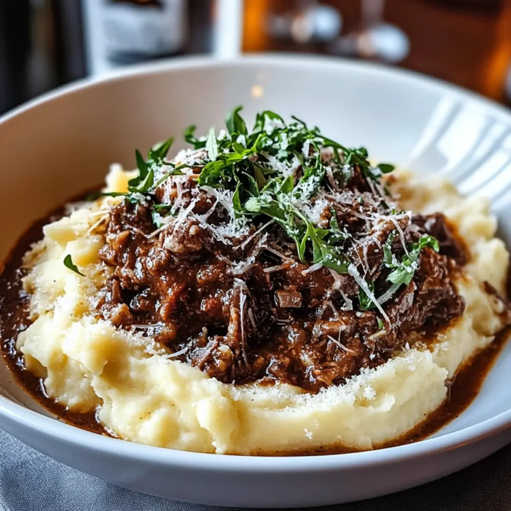 Tender Short Rib Ragu Over Silky Parmesan Mashed Potatoes